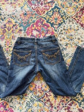 Y2K Mallgoth Dark Wash Skinny Jeans Gold Embroidered Low Rise Grunge